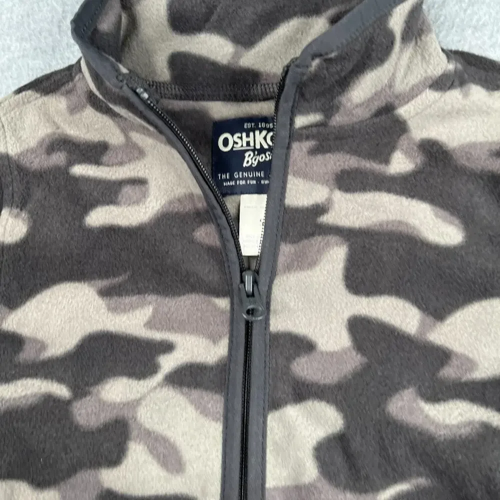 OshKosh B'gosh Fleece Sweater Size 5 Youth Boys Gray Camoflauge Full Zip NEW